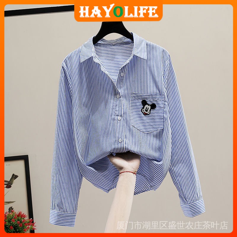 Áo Sơ Mi Kẻ Sọc In Hình Chuột Mickey Phong Cách Mới Cho Nữ