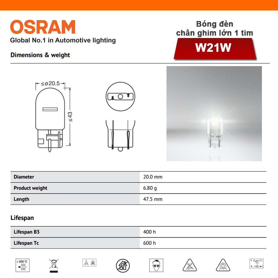 [Mã BMBAU50 giảm 10% đơn 99k] Combo 2 Bóng Đèn Chân Ghim Lớn 1 Tim OSRAM Original W21W 12V 21W Nhập Khẩu Chính Hãng