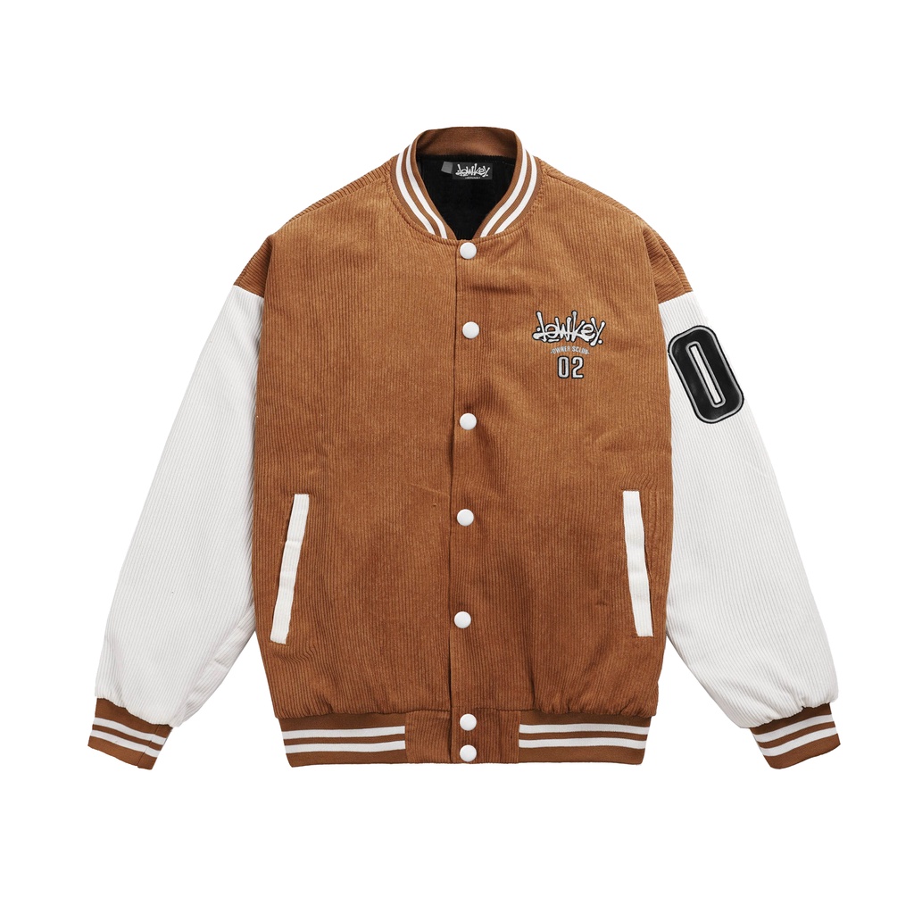 Áo khoác Varsity Brown/White Nhung Tăm Full Thêu Logo Lowkey Phối Da PU Varsity Jacket Lowkey Uni