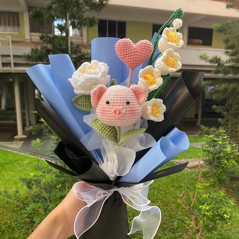 Bó Hoa Vải Dệt Thủ Công Hình Chú Heo Dễ Thương Dùng Làm Quà Tặng Valentine