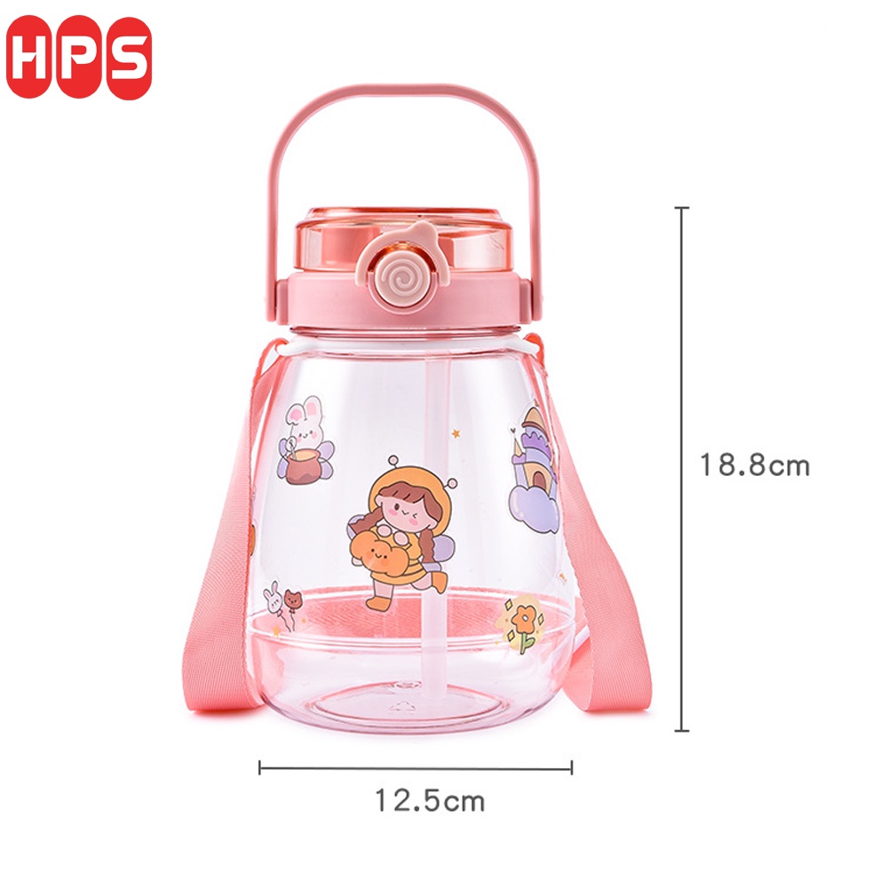 Bình nước 1,3L Bình đựng nước cute chịu nhiệt tốt, 2 đầu hút thẳng và ống hút, quai đeo chéo tiện lợi