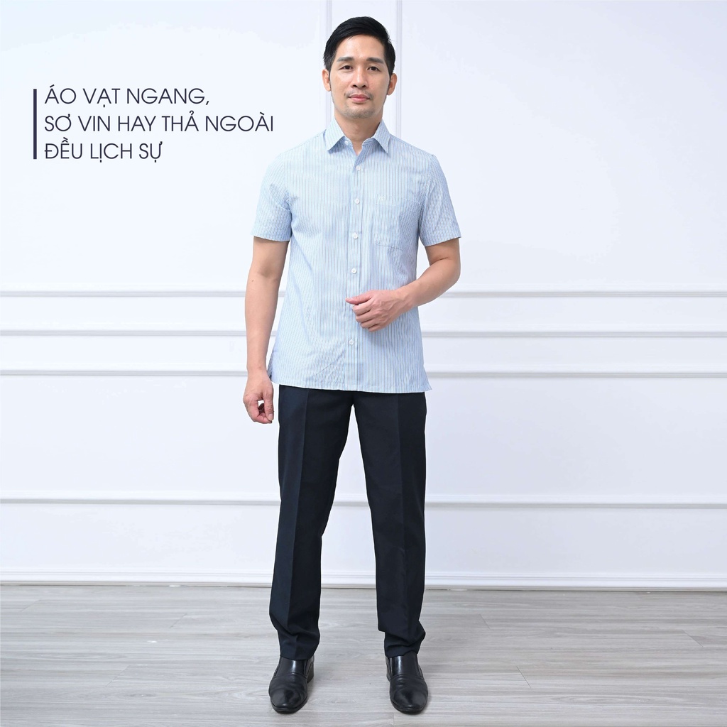Áo Sơ Mi Nam Ngắn Tay Trung Niên ANCHI Cotton Ấn Độ Cao Cấp Hoạ Tiết Sọc Xanh Đen
