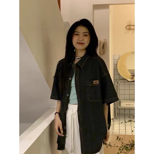 Áo sơ mi denim nữ ngắn tay mặc ngoài