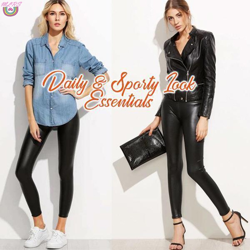Quần Legging Da PU Lưng Cao Dáng Ôm Co Giãn Màu Đen Thời Trang Cho Nữ