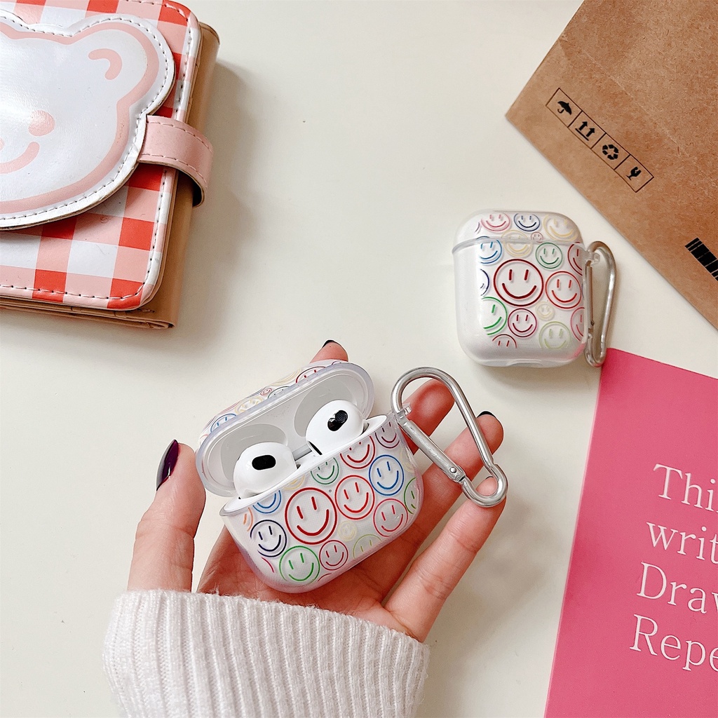 Ốp bảo vệ tai nghe bluetooth không dây TPU trong suốt hình mặt cười đầy màu sắc thích hợp cho Airpods 1 2 3 Pro