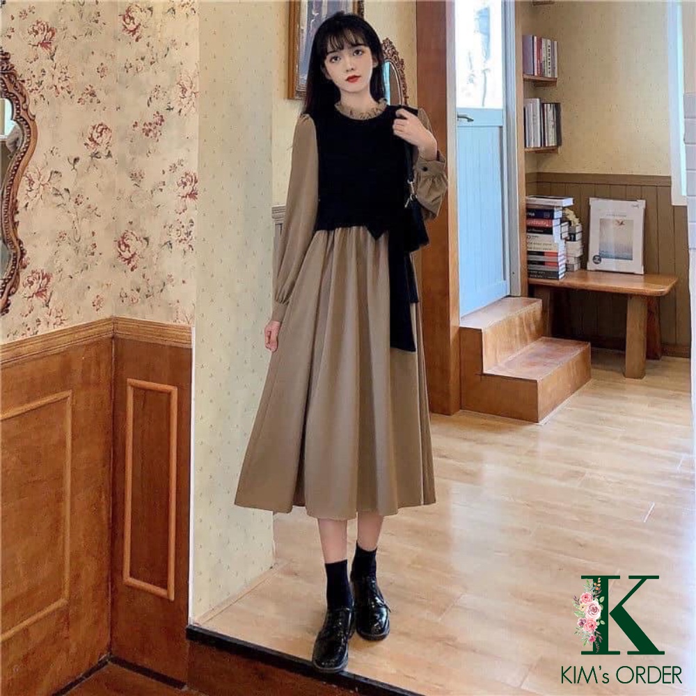 Set váy nữ màu nâu xanh phối đen cổ tròn dài tay tiểu thư phong cách Hàn Quốc Loại 1 dáng xoè hàng Quảng Châu