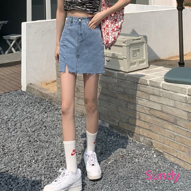 Chân váy jeans chữ A eo cao phối xẻ tà thời trang Hàn Quốc sành điệu trẻ trung