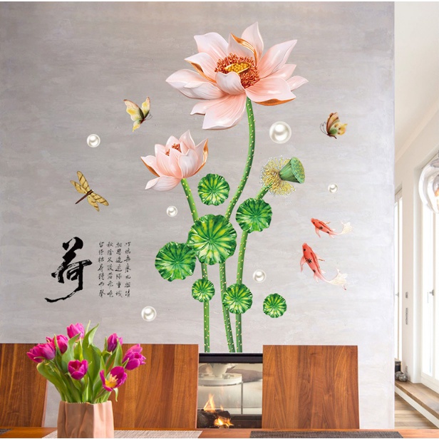 ⚡️𝐅𝐑𝐄𝐄 𝐒𝐇𝐈𝐏⚡️ Decal dán tường HOA SEN CAM chống thấm nước, decal hít công nghệ cao