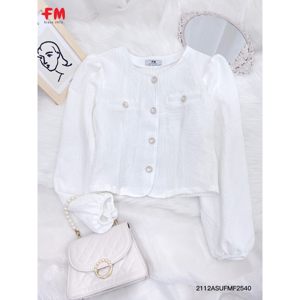 Áo Xốp Kiểu Tay Dài Phối Nút I Áo Kiểu Vuông Cổ Phối Nút Tiểu Thư Thương Hiệu FM STYLE 211225405