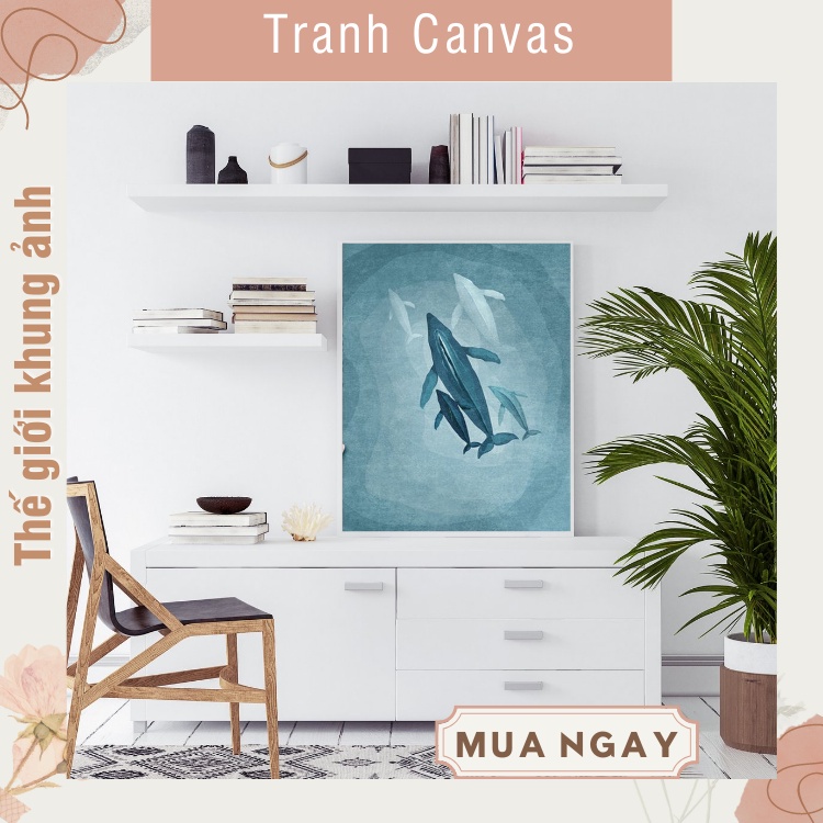 Tranh trang trí cá voi xanh tranh treo tường, có đinh và móc treo tranh tặng kèm