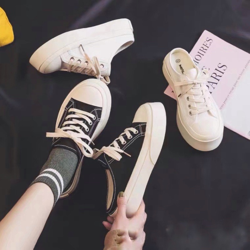 Giày sục nữ thể thao sneaker đi học đẹp trắng đen đế cao 5 cm big size HAVAVA S002