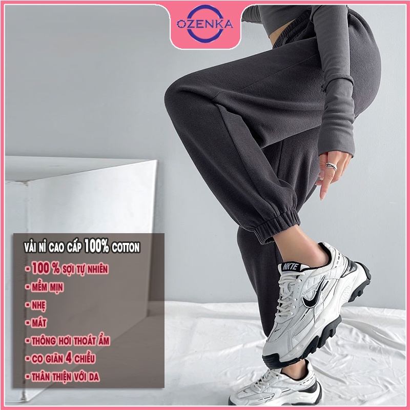 Quần jogger cạp cao bo gấu nữ OZENKA , quần nỉ thun nữ cạp chun chất nỉ bông cao cấp 3 màu đen ghi xám