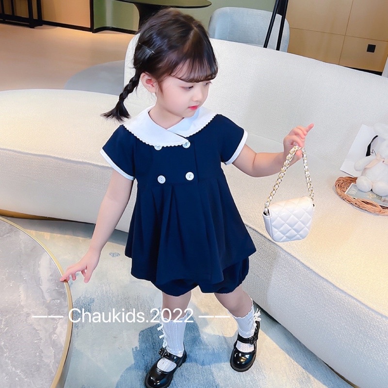 Set bộ chip cổ trắng áo baby doll bé gái