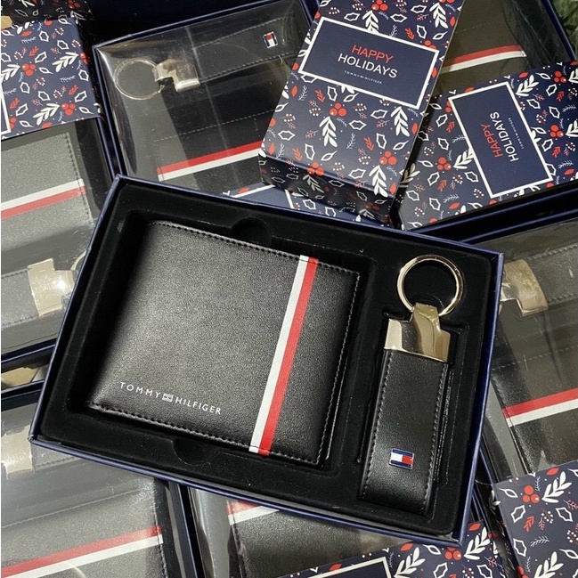 Set Ví  Da Tommy Hilifiger + Móc khóa Da dây trơn Hàng FullBox Túi Giấy Quà Tặng Cực Sang