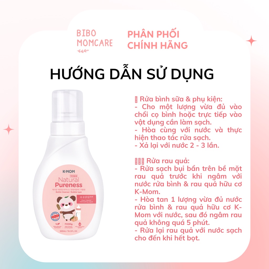 Nước Rửa Bình và Rau Quả Hữu Cơ Tinh chất Trà xanh K-mom Hàn Quốc Dạng Chai Tạo bọt Tiết kiệm 500ml