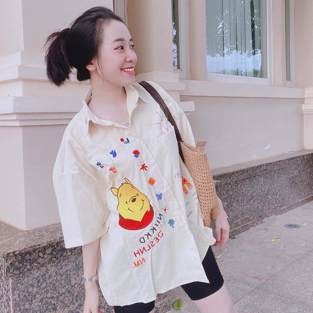 Set Gấu Pooh Hoạt Hình Hoa Lá Bộ Sơ Mi