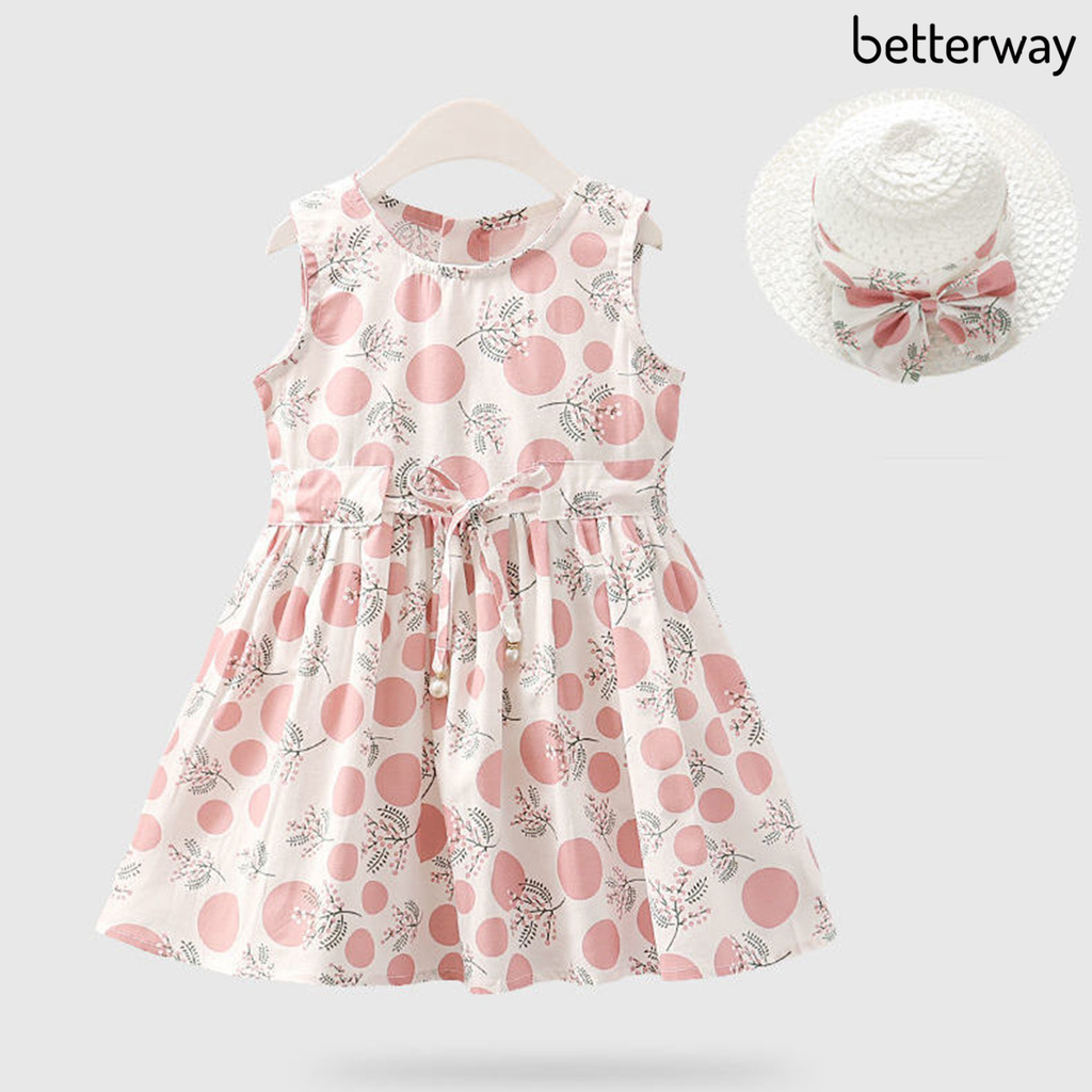 Đầm Cotton Sát Nách In Họa Tiết Chấm Bi / Hoa Kèm Mũ Có Thể Giặt Sạch