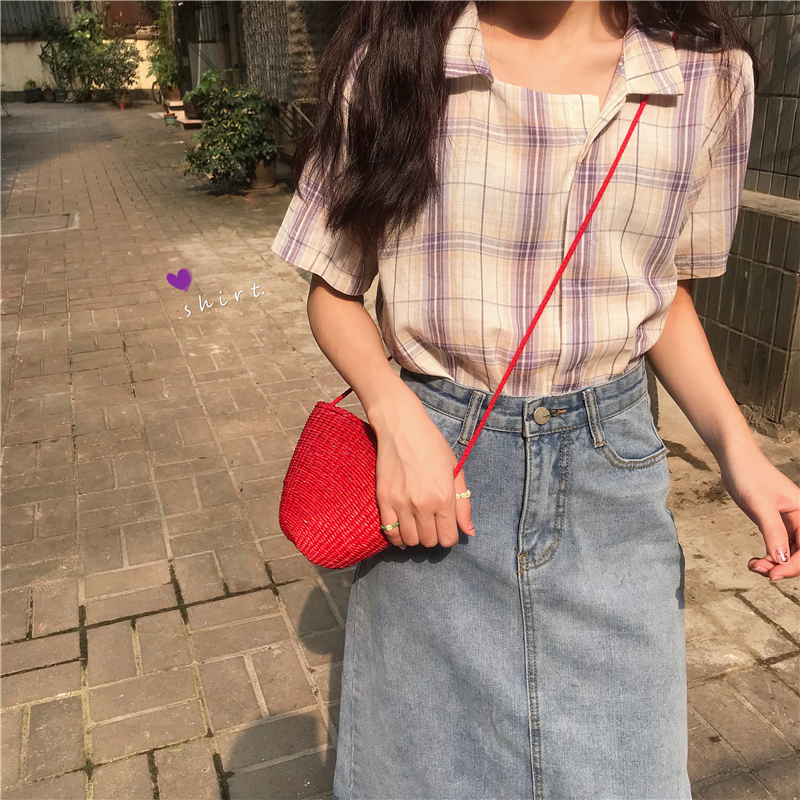 Áo Sơ Mi Ngắn Tay Họa Tiết Ca Rô Thời Trang Theo Phong Cách Hàn Quốc Dành Cho Nữ