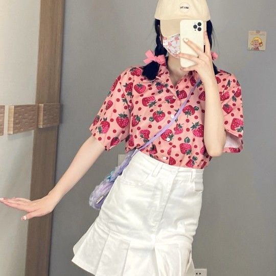 Áo sơ mi nữ tay ngắn họa tiết ngọt ngào dễ phối đồ phong cách Nhật Bản
