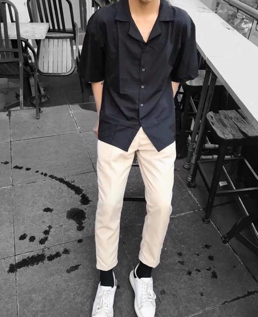 Áo Sơmi Cổ Vest Basic Unisex Tay Ngắn Ảnh Thật