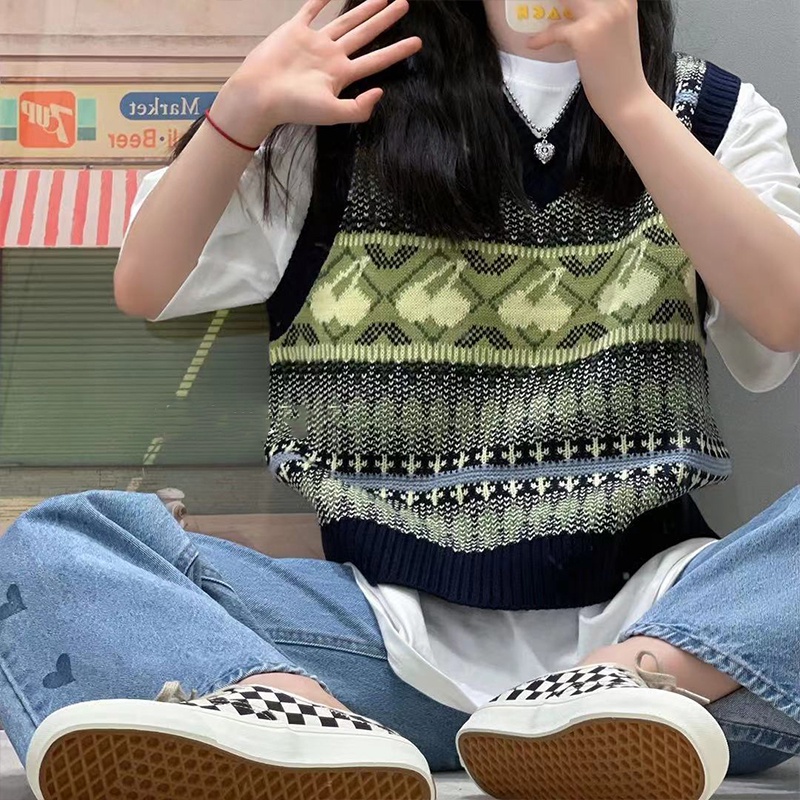 Áo sweater SUXI dệt kim không tay in hình quả cherry thời trang thu đông phong cách Hàn Quốc cổ điển cho nữ