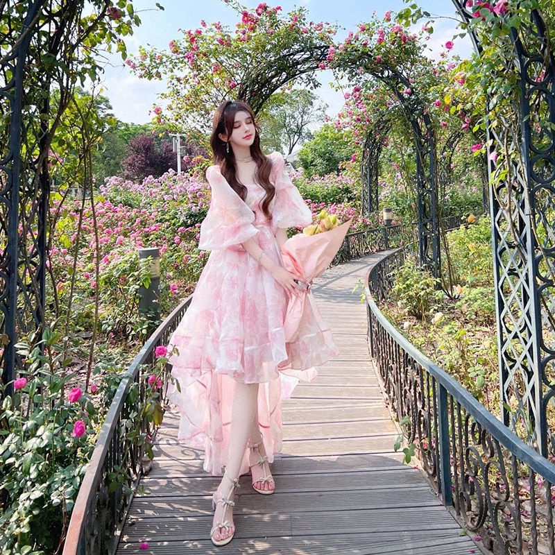 Đầm Hoa Tay Phồng Cổ Vuông Thời Trang Mùa Hè Pháp Cho Nữ