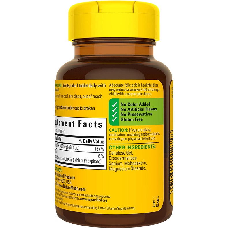 Viên uống Bổ máu Folic Acid 400mcg 665mcg DFE 250 viên Axit Folic Nature Made Vitamin B9 Ngừa Thiếu Máu