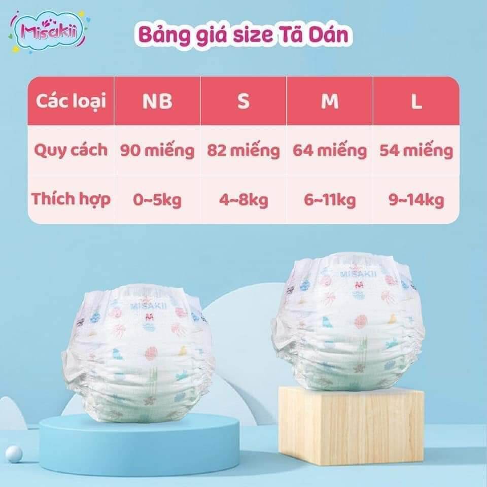Bỉm Misakii   Nhật Bản - Bỉm Siêu Mỏng Thấm Hút Tôt - Size Dán Quần NB90/S82/M64/L54/M58/L44/XL38/XXL miếng