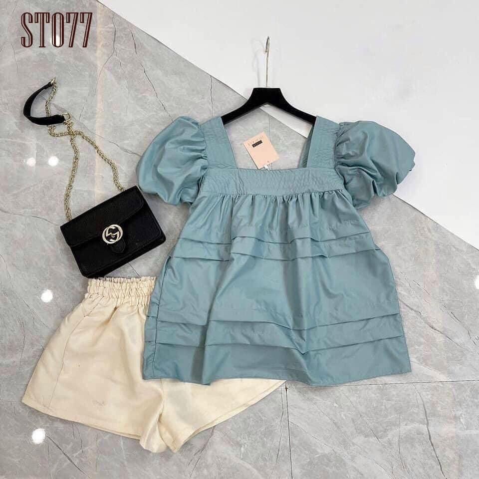 Sét bộ cổ vuông sooc ống xòe xanh tươi tắn cá tính