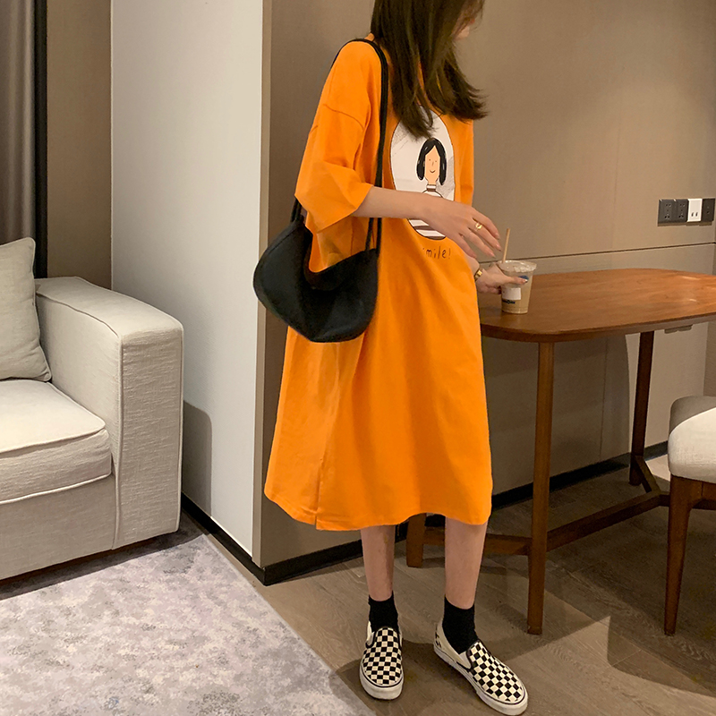 SUXI Đầm midi ngắn tay cổ tròn in họa tiết xinh xắn theo phong cách Hàn Quốc