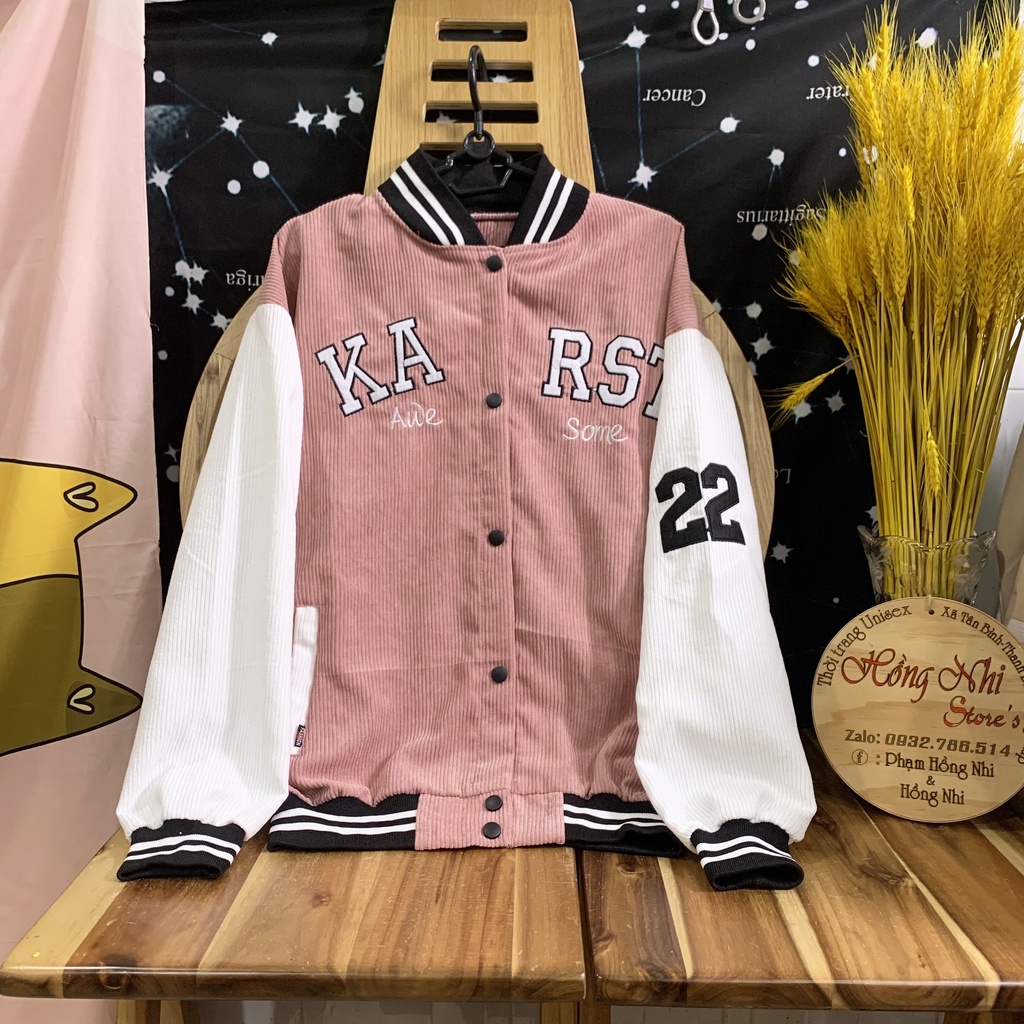Áo Khoác Bomber Thêu KARST 22 Chất Nhung Tăm Cao Cấp Ulzzang Unisex Dáng Rộng Nam Nữ