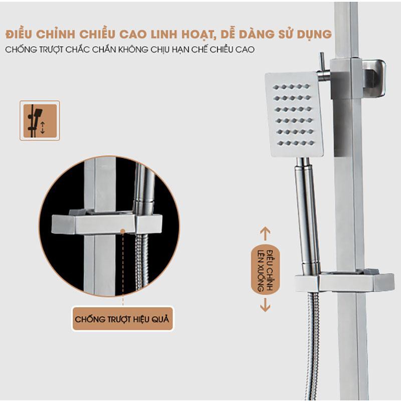 Bộ sen cây vuông tắm đứng nóng lạnh inox 304 kèm đủ bộ dây tay sen đầy đủ