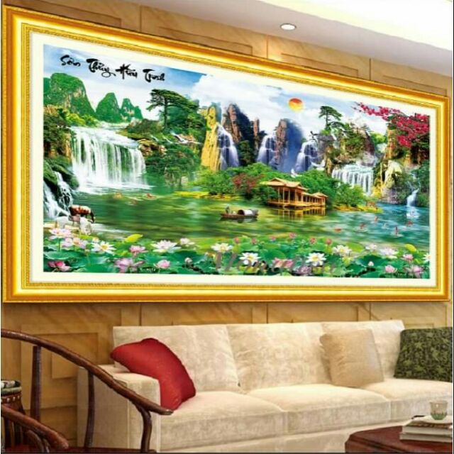 Tranh thêu chữ thập phong cảnh non Nước hữu tình 150*70cm