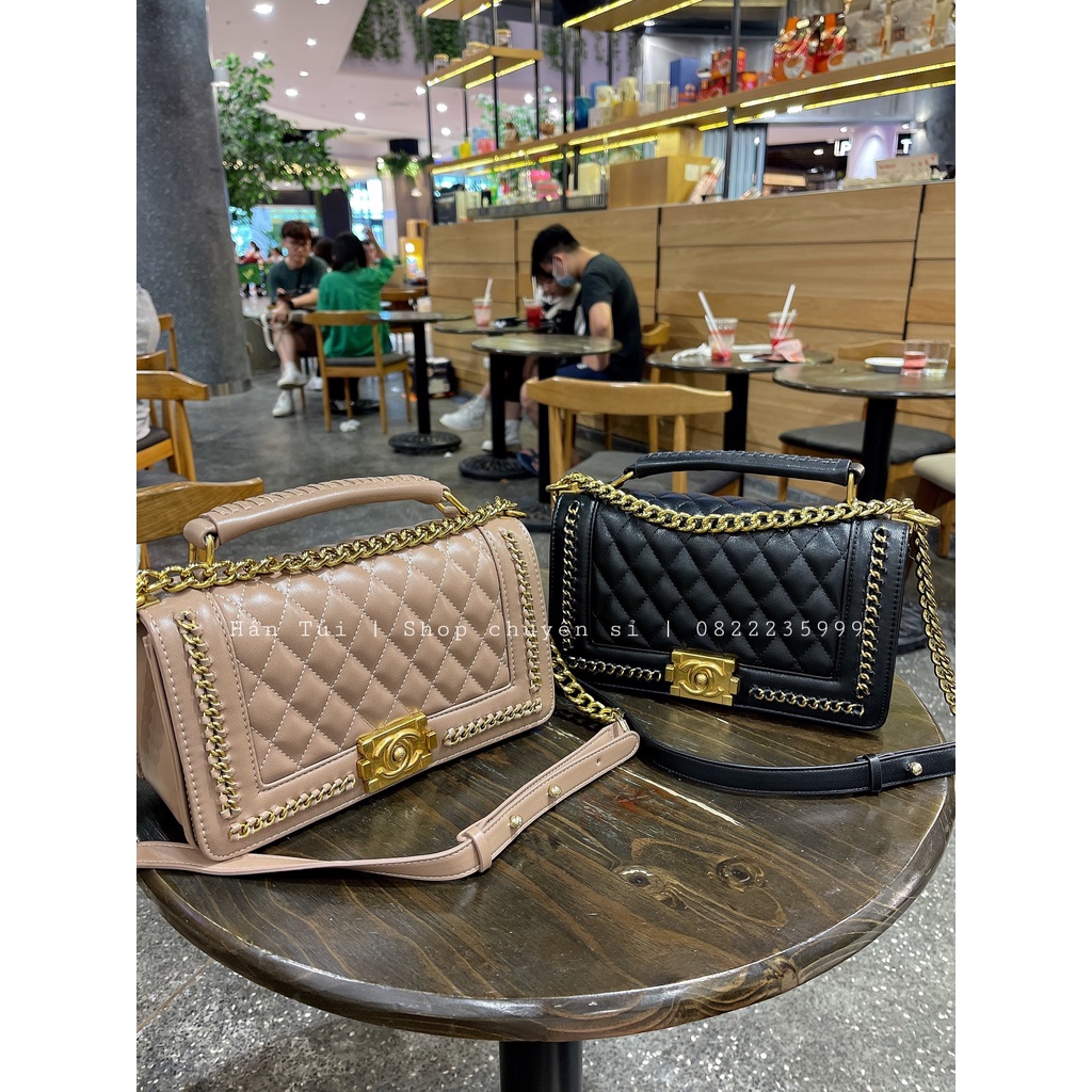 Túi BOY Viền Xích Nữ Size 25cm, Dây Xích Bản Nhỏ , Móc Khóa Dập Khắc Logo , - Ảnh Chụp Thật - Hân Anh Túi