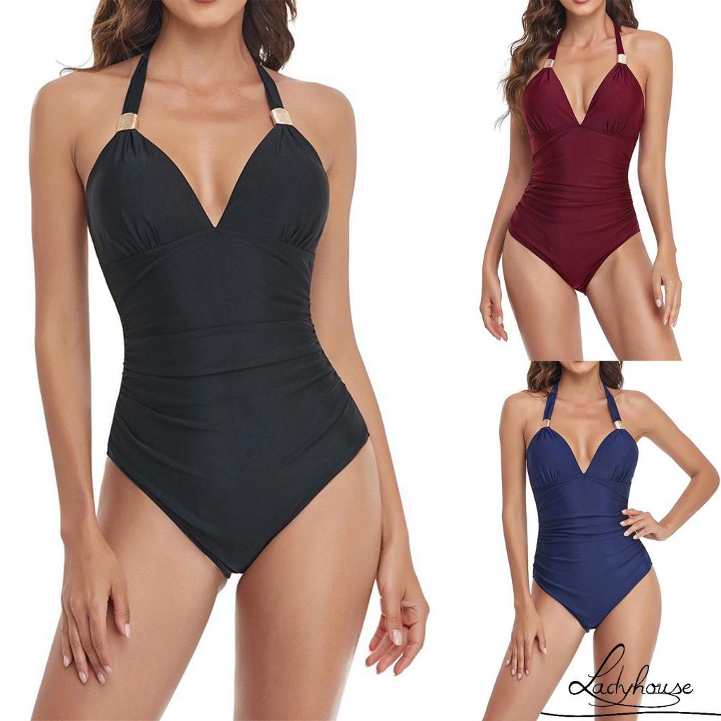 Ld-đồ Bơi Liền Thân Không Tay Cổ Yếm Màu Trơn Thời Trang Cho Nữ Size S/M/L/XL/XXL