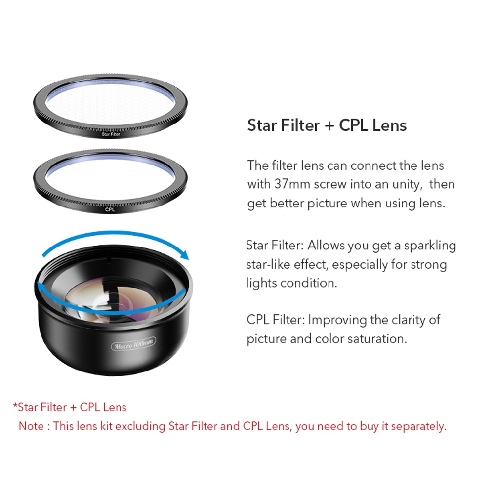 Lens Apexel 4k Hd 100mm Lens + Cpl + Star Cho Iphonex Xs Max 11amsung S10