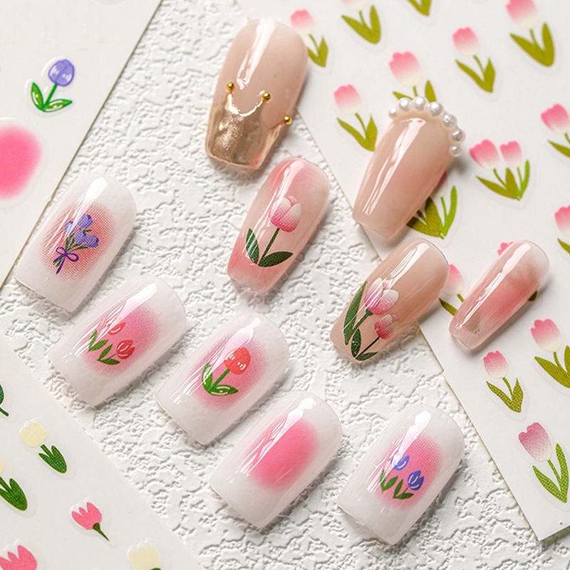 Miếng Dán Trang Trí Móng Tay Hình Hoa Tulip Hồng Xinh Xắn