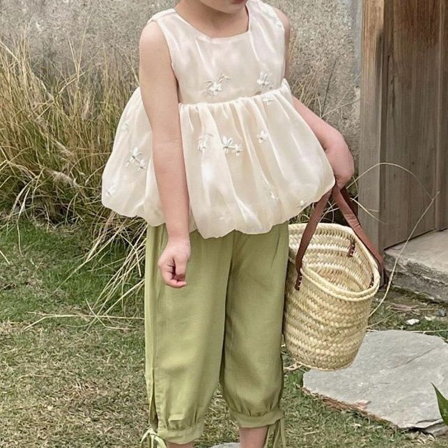 Bộ Áo Không Tay + Quần Dài Chống Muỗi Thêu Họa Tiết Mới Dành Cho Bé Gái