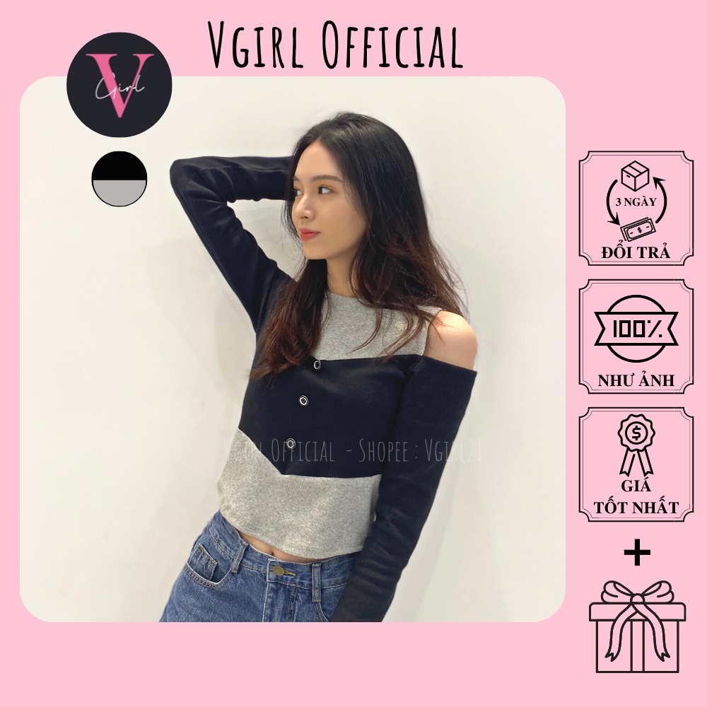 Áo kiểu hở vai tay dài VGIRL phối nút [ẢNH ĐỘC QUYỀN]