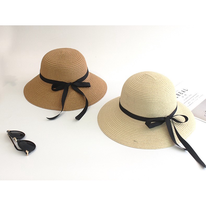 Mũ cói NỮ Unisex ĐI BIỂN đi chơi thời trang GẮN RUY BĂNG XẾP NẾP SIÊU SANG Herbagstore