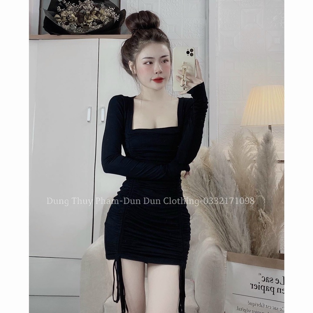 Đầm váy nữ cổ vuông tay dài from ôm body rút dây hai bên cá tính, sang chảnh thời trang nữ cho nàng dự tiệc, đi chơi