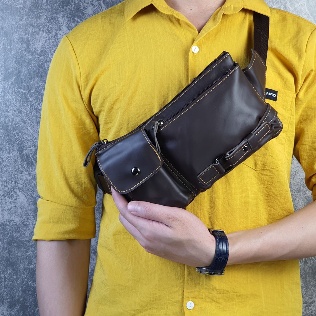 [Da thật]Túi đeo ngực kết hợp đeo hông nam da bò thật TD114 (Nâu sẫm) - 100% da bò thật, BH 3 năm