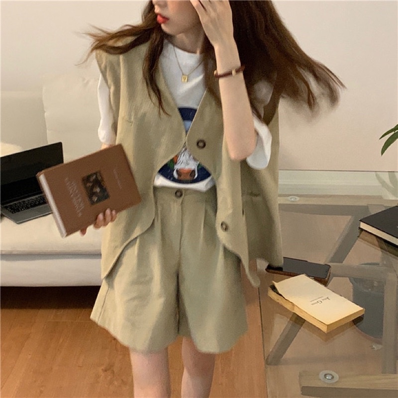Set áo gile + quần short be vintage dễ thương ulzzang Hàn Quốc