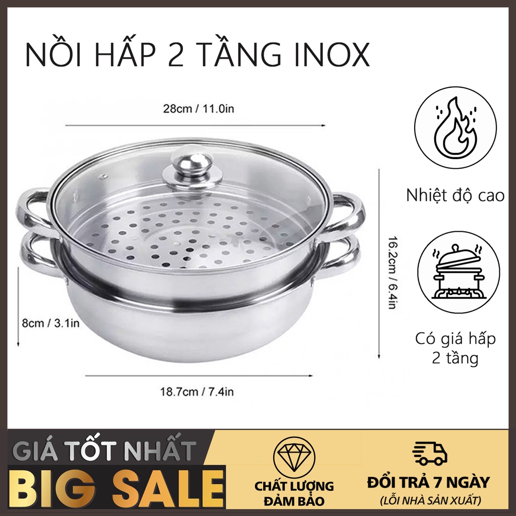 Nồi hấp inox 2 tầng, Xửng Hấp 2 Tầng đa năng 28cm, cao cấp nắp kính, cách thủy -TRƯỜNG PHÁT CHUYÊN SĨ