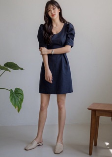 Đầm xanh đen cổ tròn thắt nơ mặc đi chơi đi làm đều xinh (kèm hình thật)