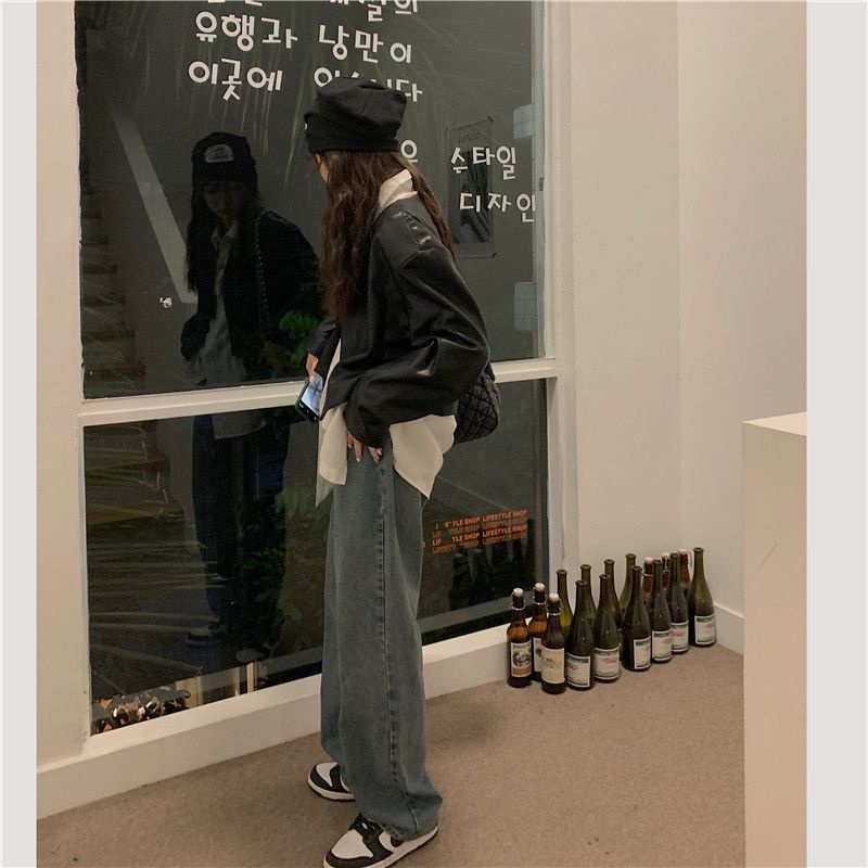 Áo Khoác Da Dáng Ngắn Rộng Cổ Chữ V Thời Trang Vintage 2022 Dành Cho Nữ