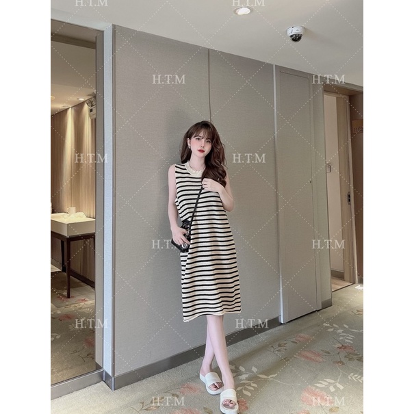 ĐẦM KẺ SỌC NGANG CHẤT LEN MONGTOGHI SIÊU HOT, Váy maxi dáng dài ba lỗ hot trend năm 2022