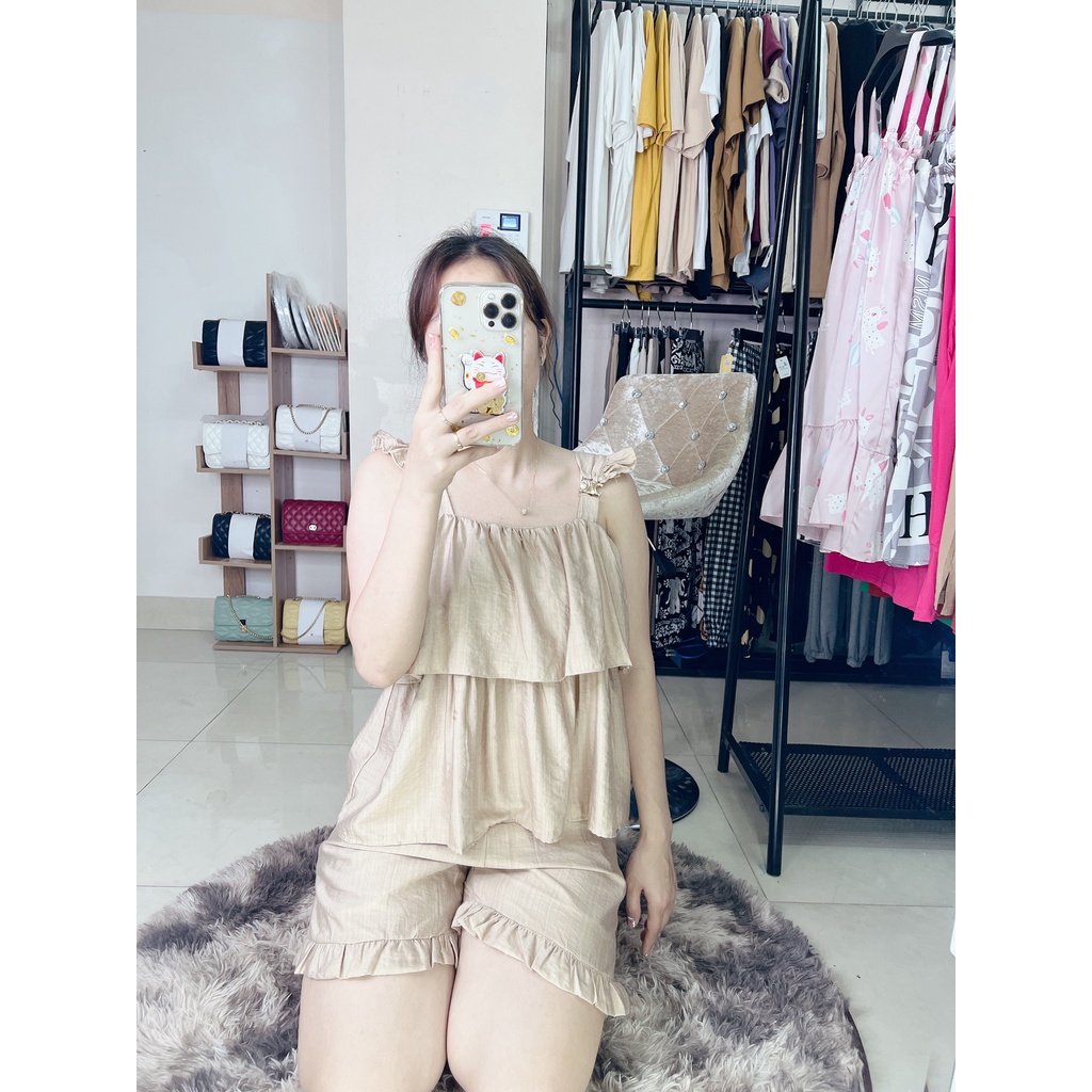 Bộ mặc nhà 2 dây bản to quần đùi mát mẻ, chất vải đũi nhẹ tênh lên dáng tiểu thư Minxu Shop SE03