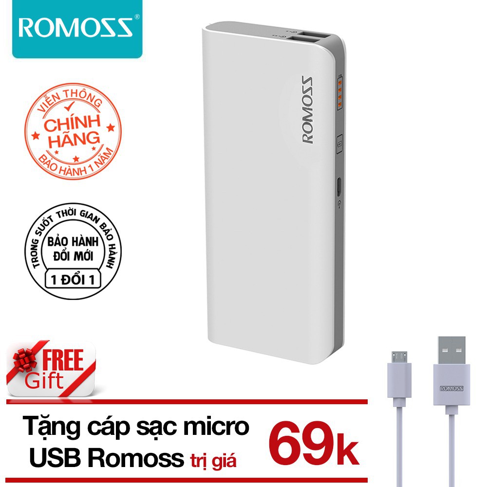 Pin sạc dự phòng 10.000mah Romoss Solit 5 (Trắng) tặng Cáp sạc micro USB tròn Romoss - Hãng phân phối chính thức