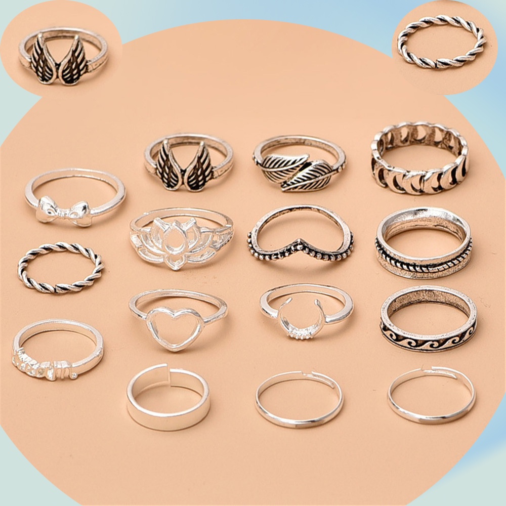 Bộ Nhẫn Hình Trái Tim / Mặt Trăng / Cánh Sen Phong Cách Bohemian Cổ Điển Thời Trang Cho Nữ